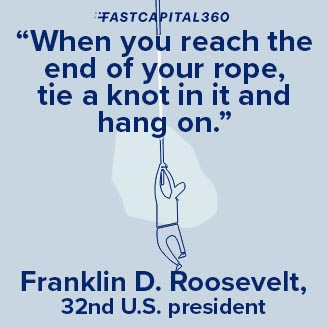 This meme illustrates the motivational quote that says: “When you reach the end of your rope, tie a knot in it and hang on.”