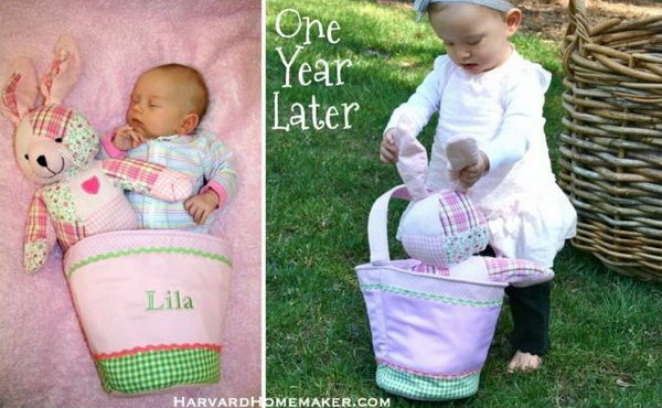 Easter Fun - One Year Later. Take the picture of your kid with the Easter bunny doll in the bag. The infant may sleep In this bag, it’s so wonderful to see the kid holding the bad with the Easter bunny bag inside. It seems like they witness the growth of your kid.