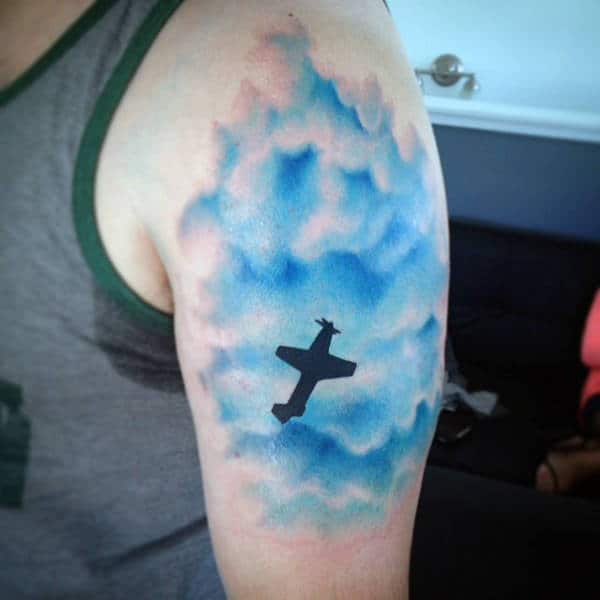 Aireplant Flying Through Blue Cloud Mens Tattoos Designs On Arm