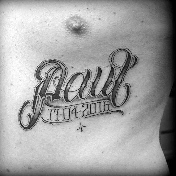 awesome script kids name paul with birthdate mens chest tattoo
