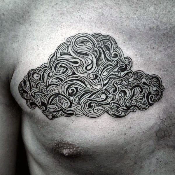 Black Lines Cloud Tattoos On Chest For Men
