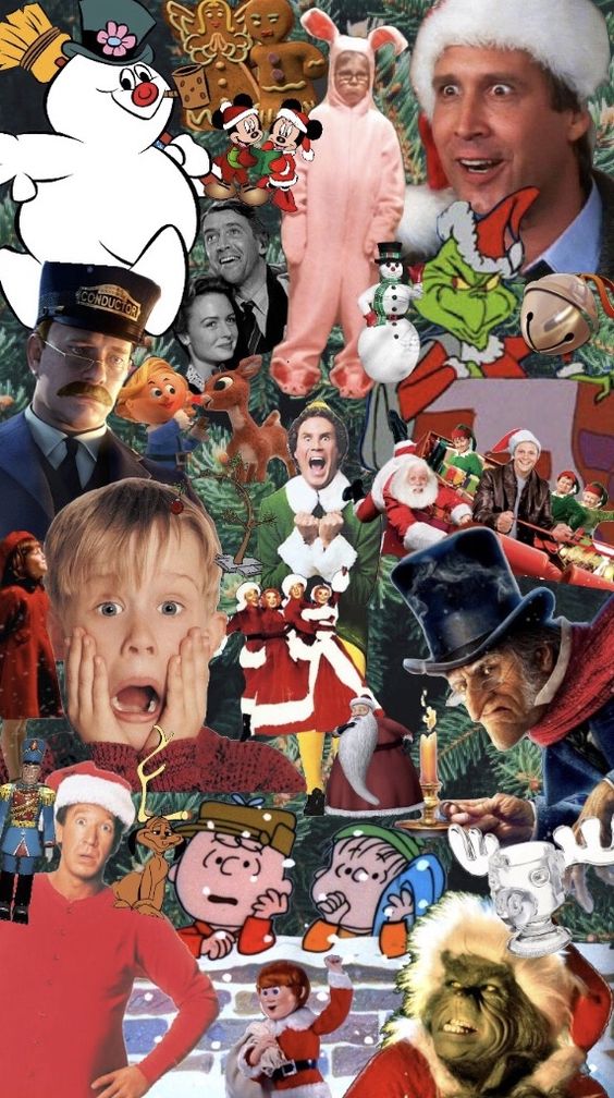 Aesthetic Christmas wallpaper collage with iconic Christmas movies like home alone and the Grinch