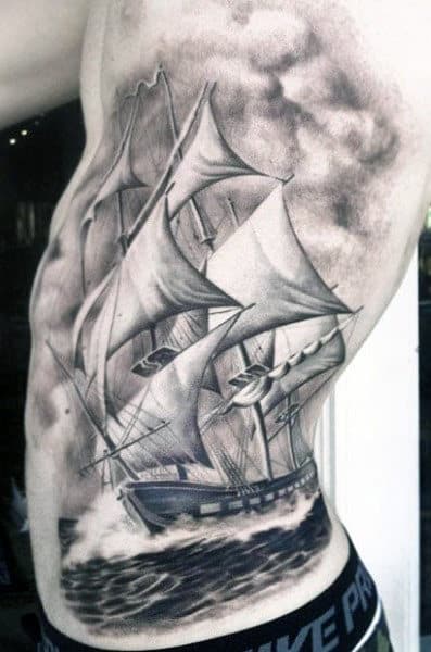 Cloud Shading Tattoos For Males Of Ship Sailing The Seas
