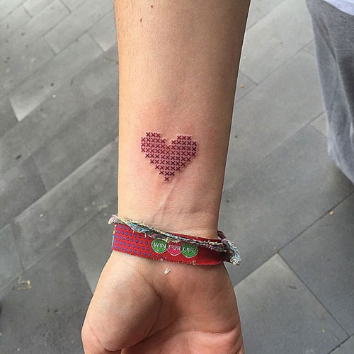 Cross Stitch Heart Tattoo - Small Heart Tattoo on Wrist