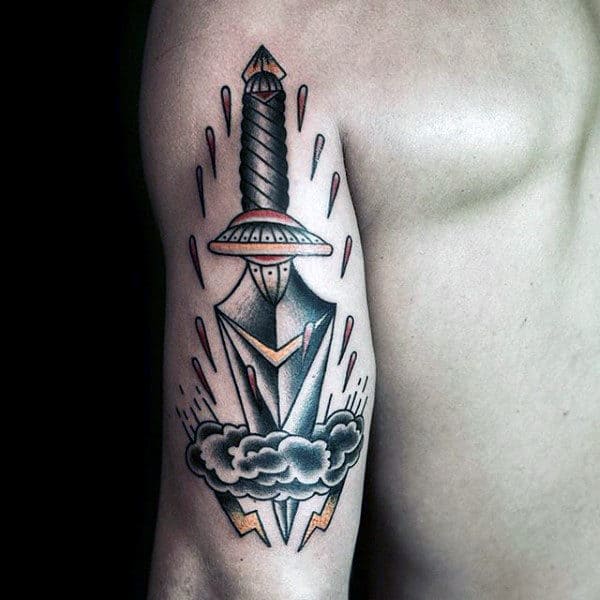 Dagger Going Through Cloud Mens Tattoos On Back Of Arm