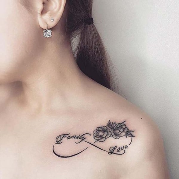 family love and roses infinity tattoo under collarbone