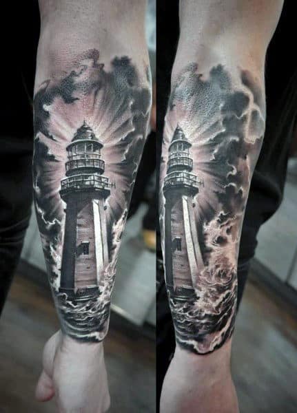 Firearm Lighthouse Cloud Tattoos For Men