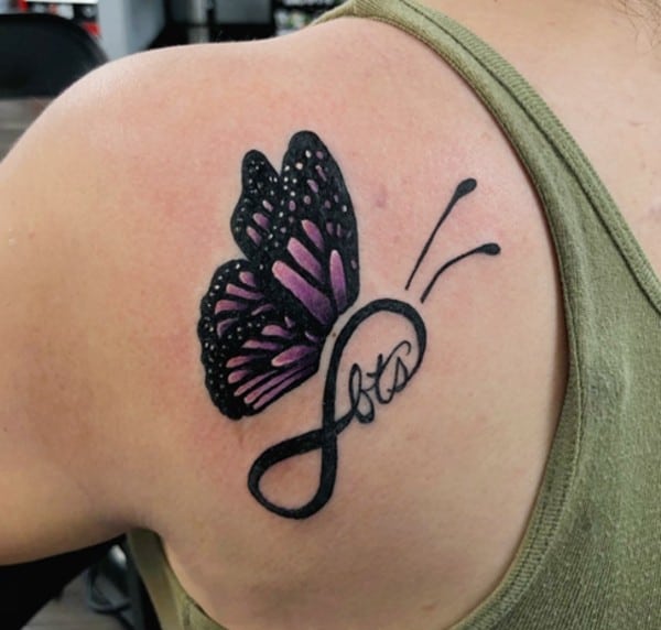 purple flower infinity tattoo on shoulder