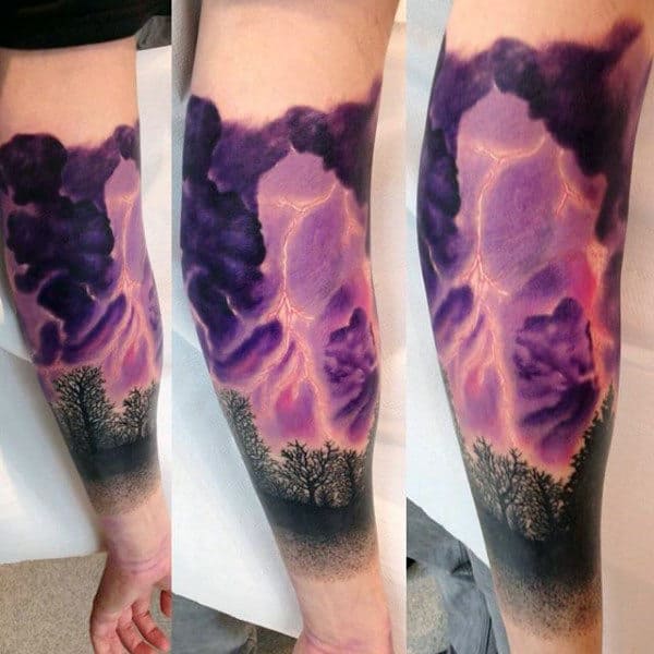 Forearm Purple Clouds Forest Mens Tattoos