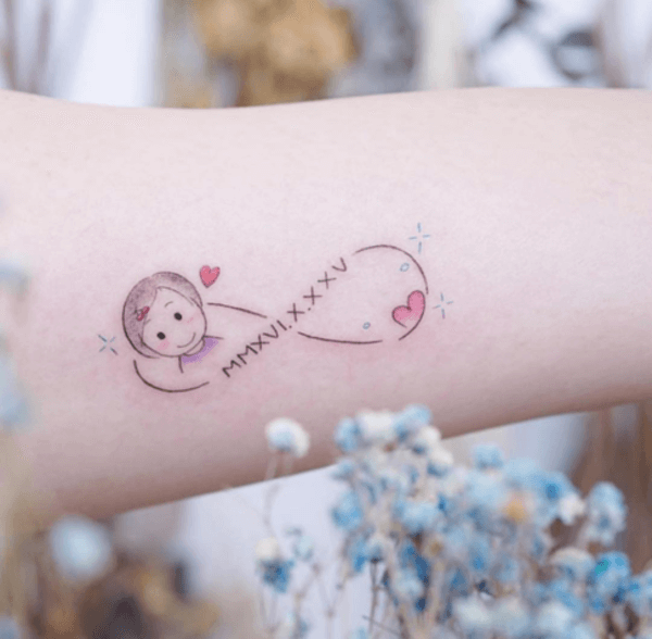 girl portrait infinity tattoo with date and red hearts