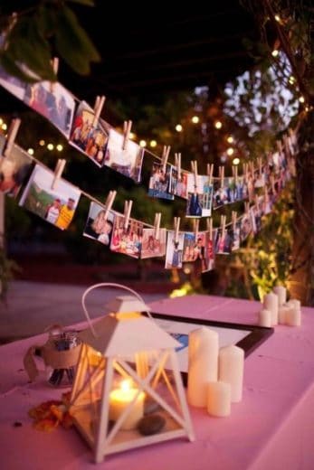 Easy Graduation party hanging picture display idea using string and clothespins for high school and college, boys and girls. Tips and DIY for decorations, pictures, on a budget. #Graduation #GraduationParty #GradParty