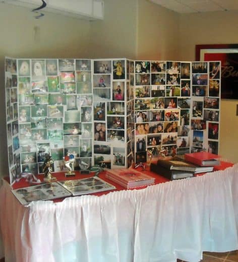 Easy Graduation party indoor picture display idea for high school and college, boys and girls. Tips and DIY for decorations, pictures, on a budget. #Graduation #GraduationParty #GradParty
