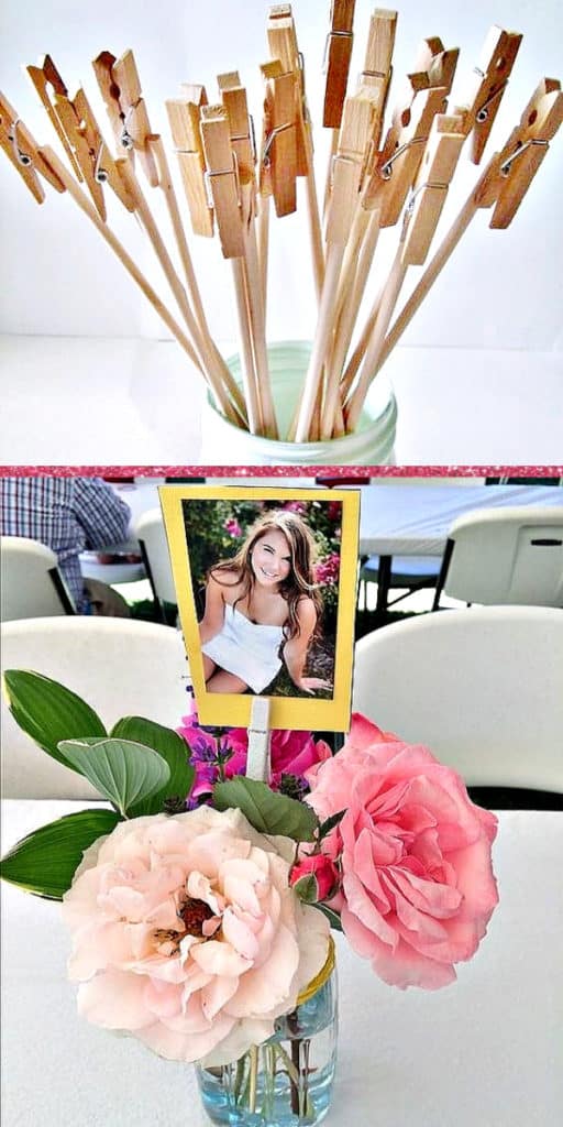 Glue photos to stock paper and sticks and insert into a Rustic Graduation Party centerpiece. Easy DIY Graduation Party Decoration Ideas using Pictures.