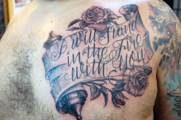 Guy With Cool Scroll Banner Chest Quote Tattoo