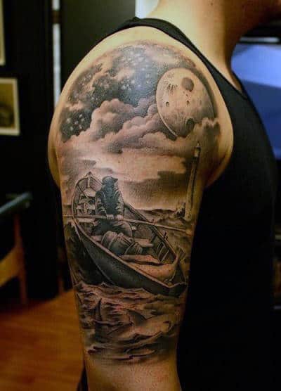 Guy With Moon And Clouds Tattoo