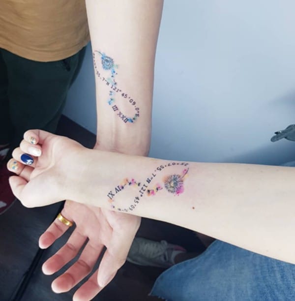 infinity relationship tattoo with dates and flowers