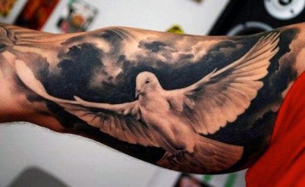 Mens Cloud Tattoo With Dove On Bicep