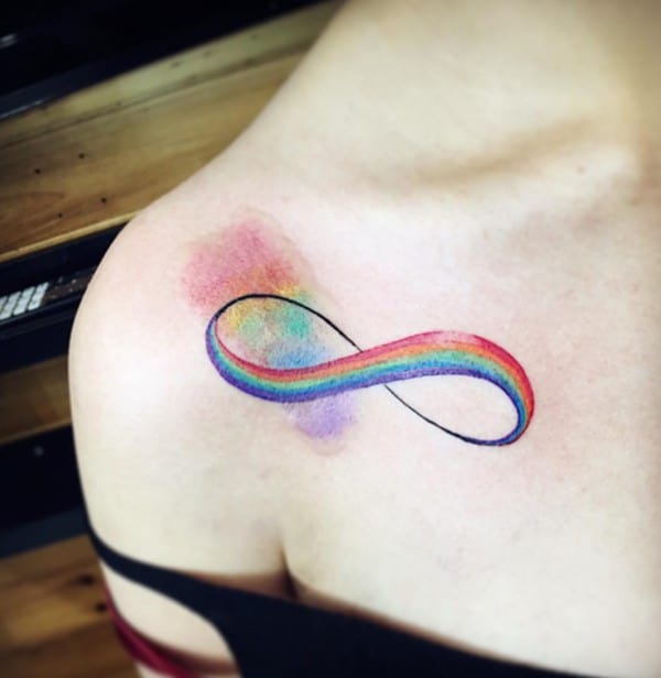 rainbow watercolor tattoo under collarbone