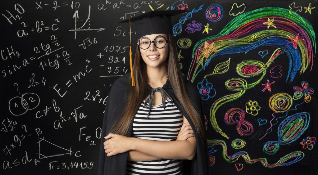 Student in Mortarboard Graduation Hat, Young Woman Learning Mathematics and Creative Art, University or High School Education